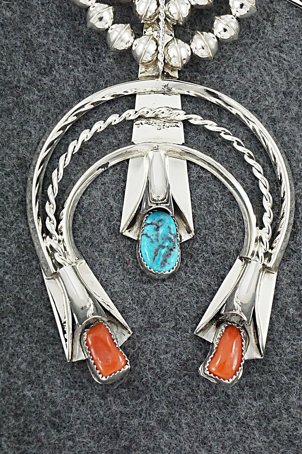 Turquoise, Coral & Sterling Silver Squash Blossom Set - Louise Yazzie