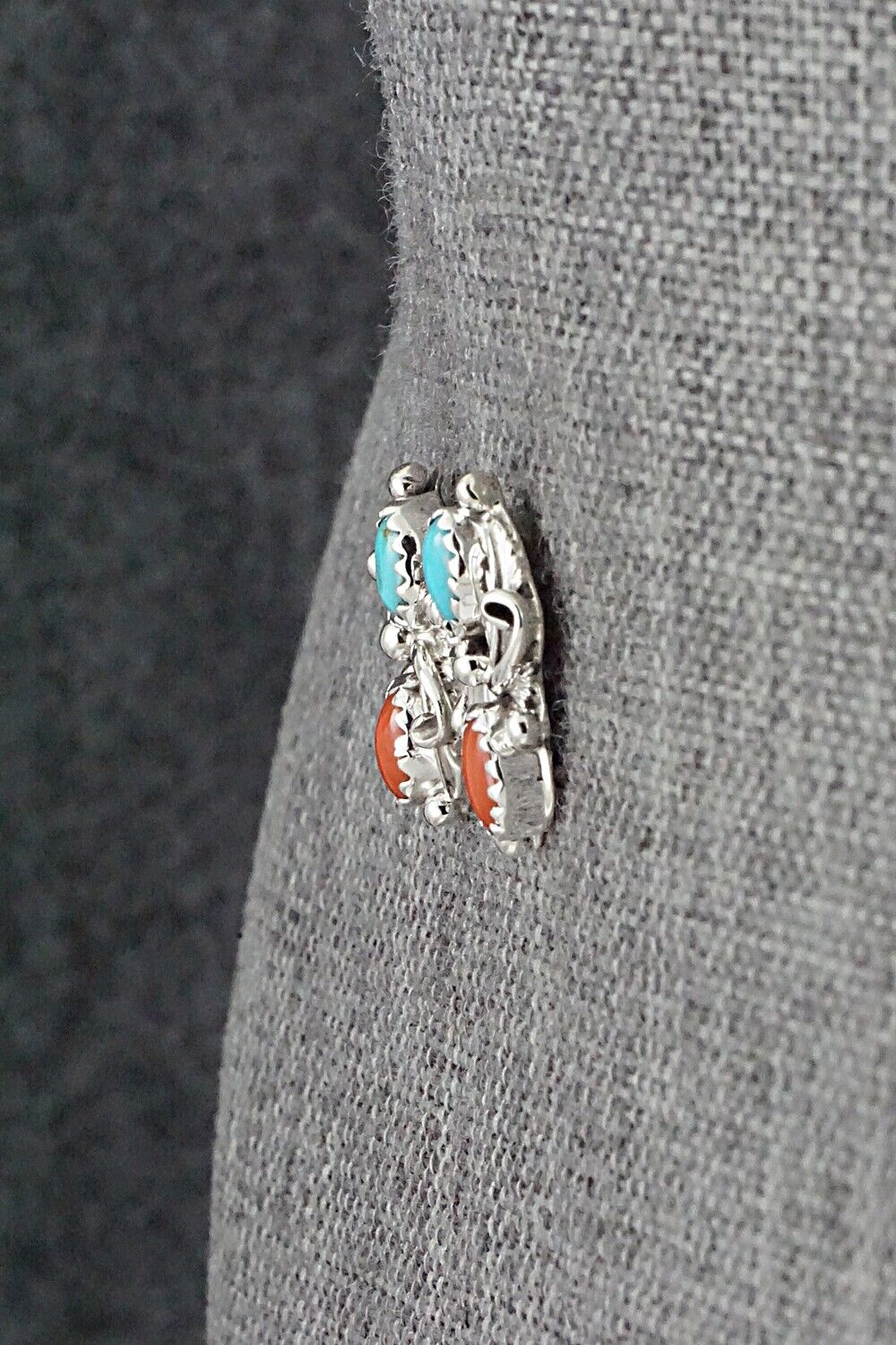 Turquoise, Coral & Sterling Silver Earrings - Robert Martinez