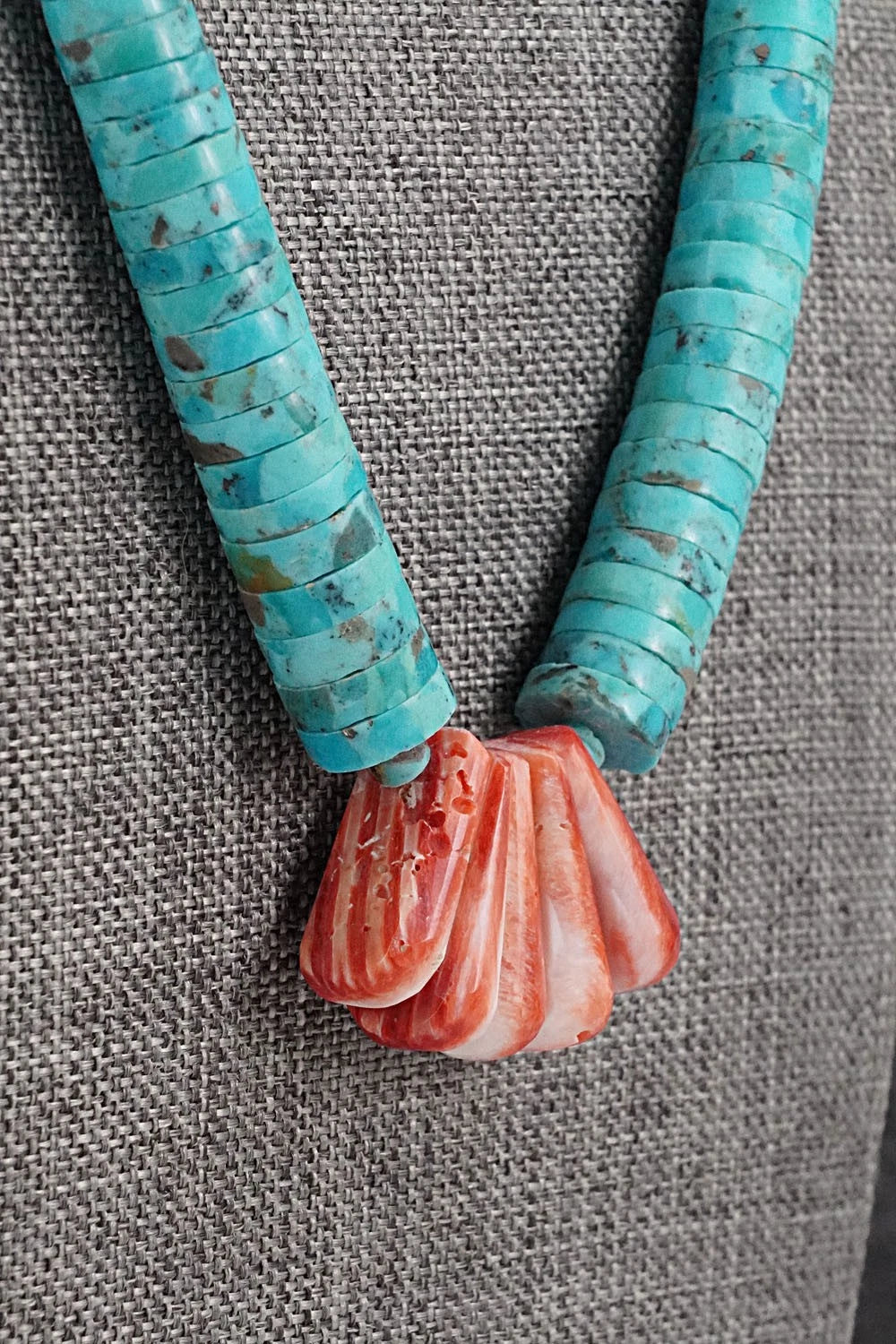 Turquoise, Spiny Oyster & Sterling Silver Necklace 20" - Lupe Lovato