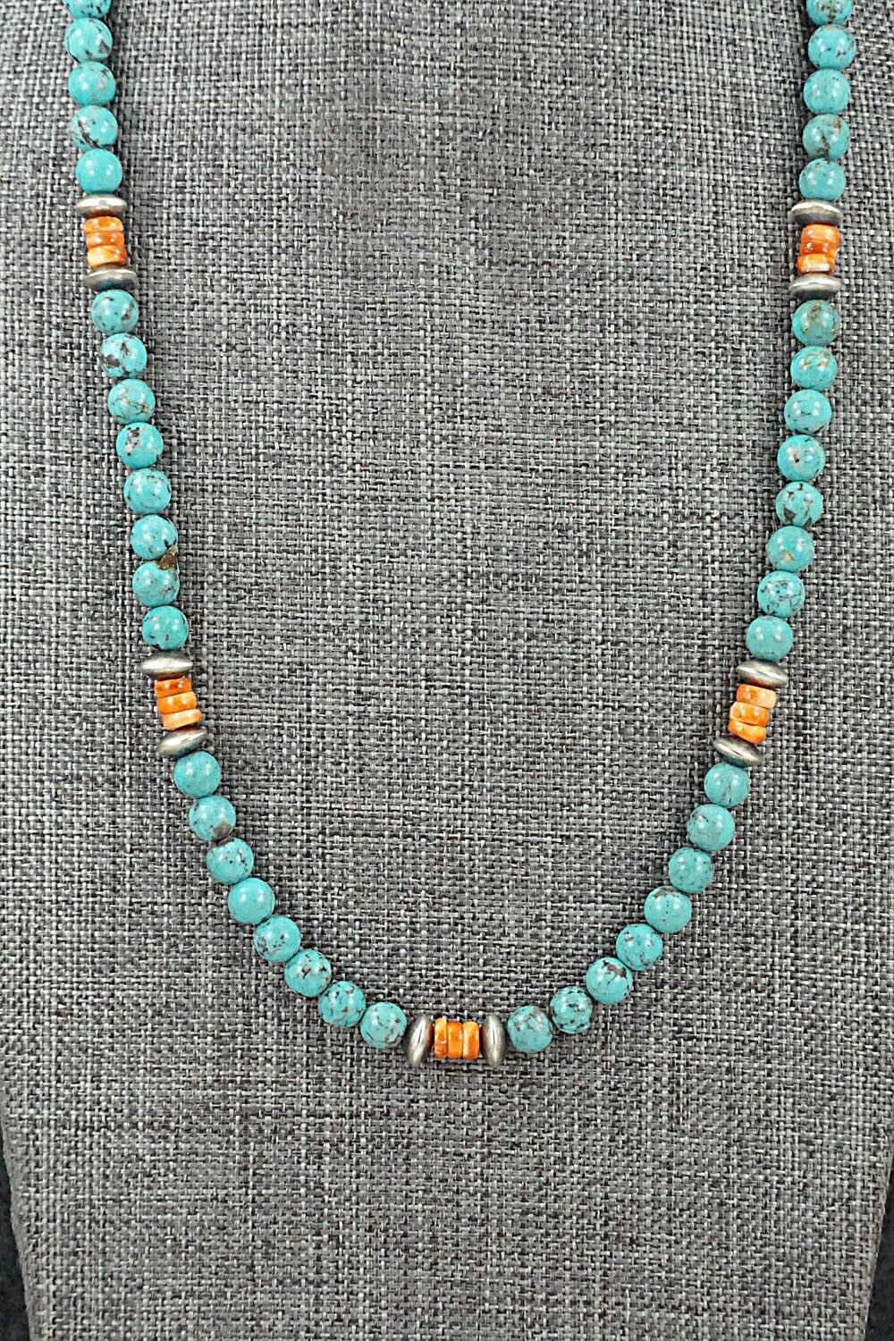 Turquoise, Spiny Oyster & Sterling Silver Necklace 20" - Doreen Jake