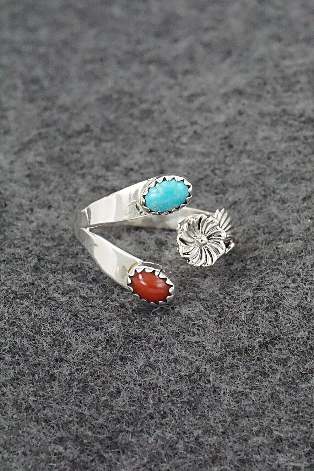 Turquoise, Coral & Sterling Silver Ring - Robert Martinez - Size 7.5