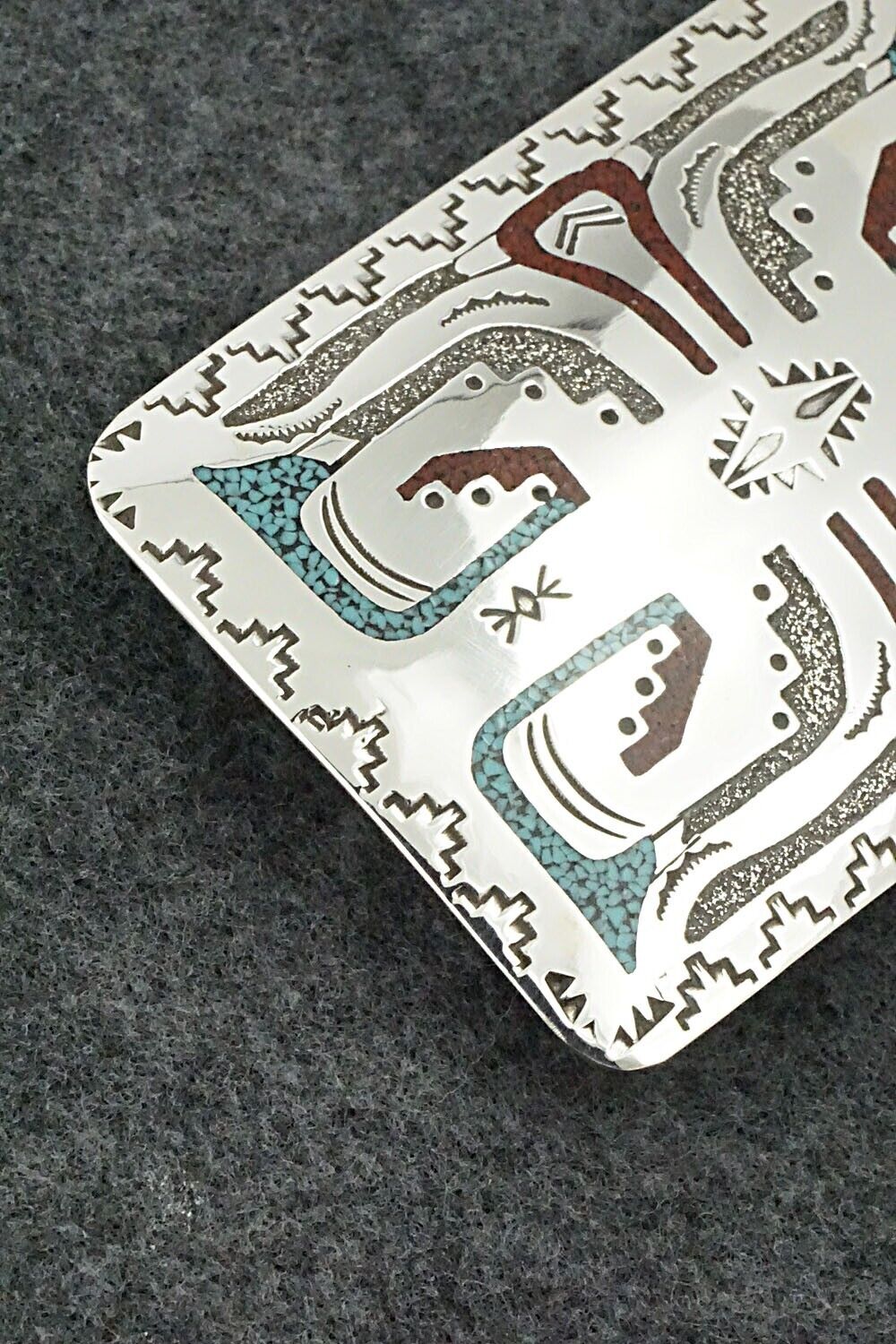 Turquoise, Coral Chip Inlay & Sterling Silver Belt Buckle - Raymond Begay
