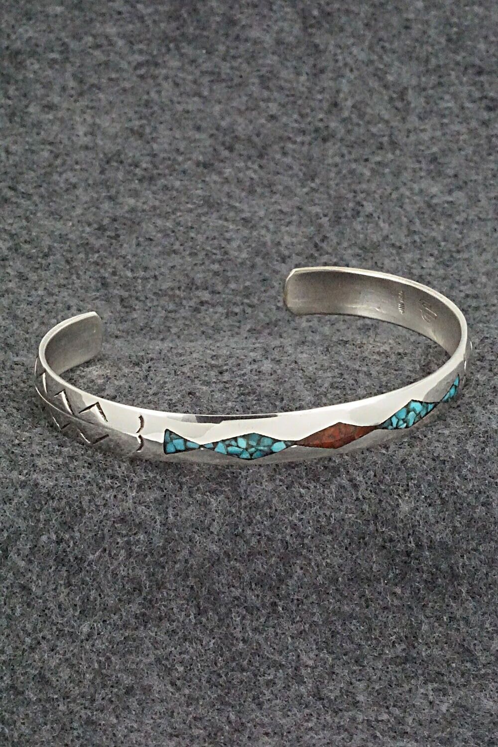 Turquoise, Coral Chip Inlay & Sterling Silver Bracelet - Joleen Yazzie