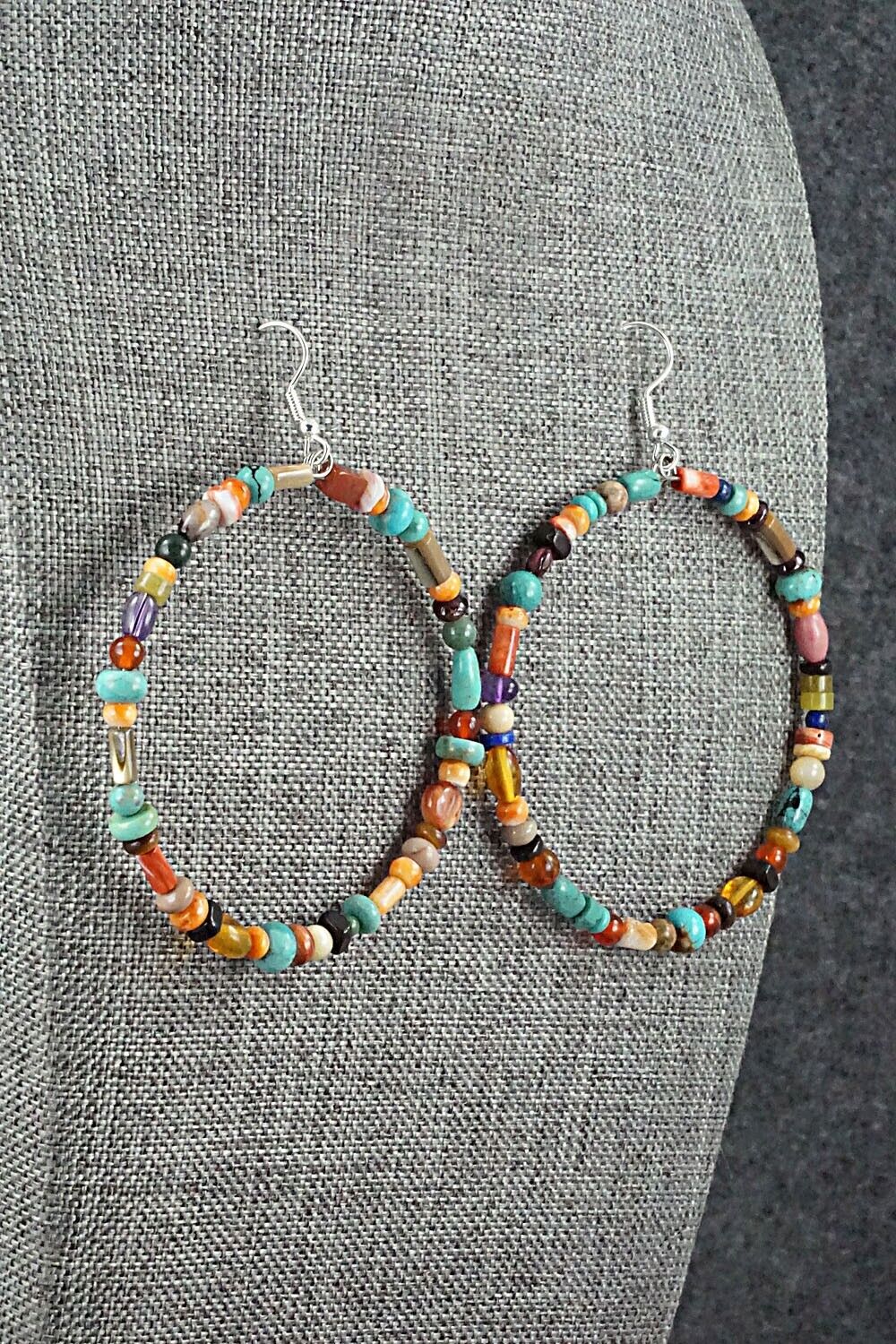 Multi Stone & Sterling Silver Hoop Earrings - Helen Tsosie