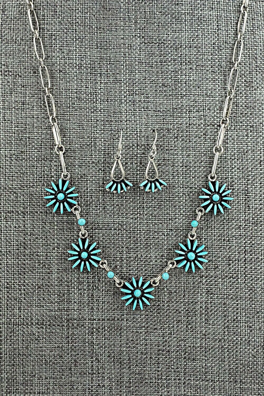 Turquoise & Sterling Silver Necklace and Earrings Set - Mildred Ukestine