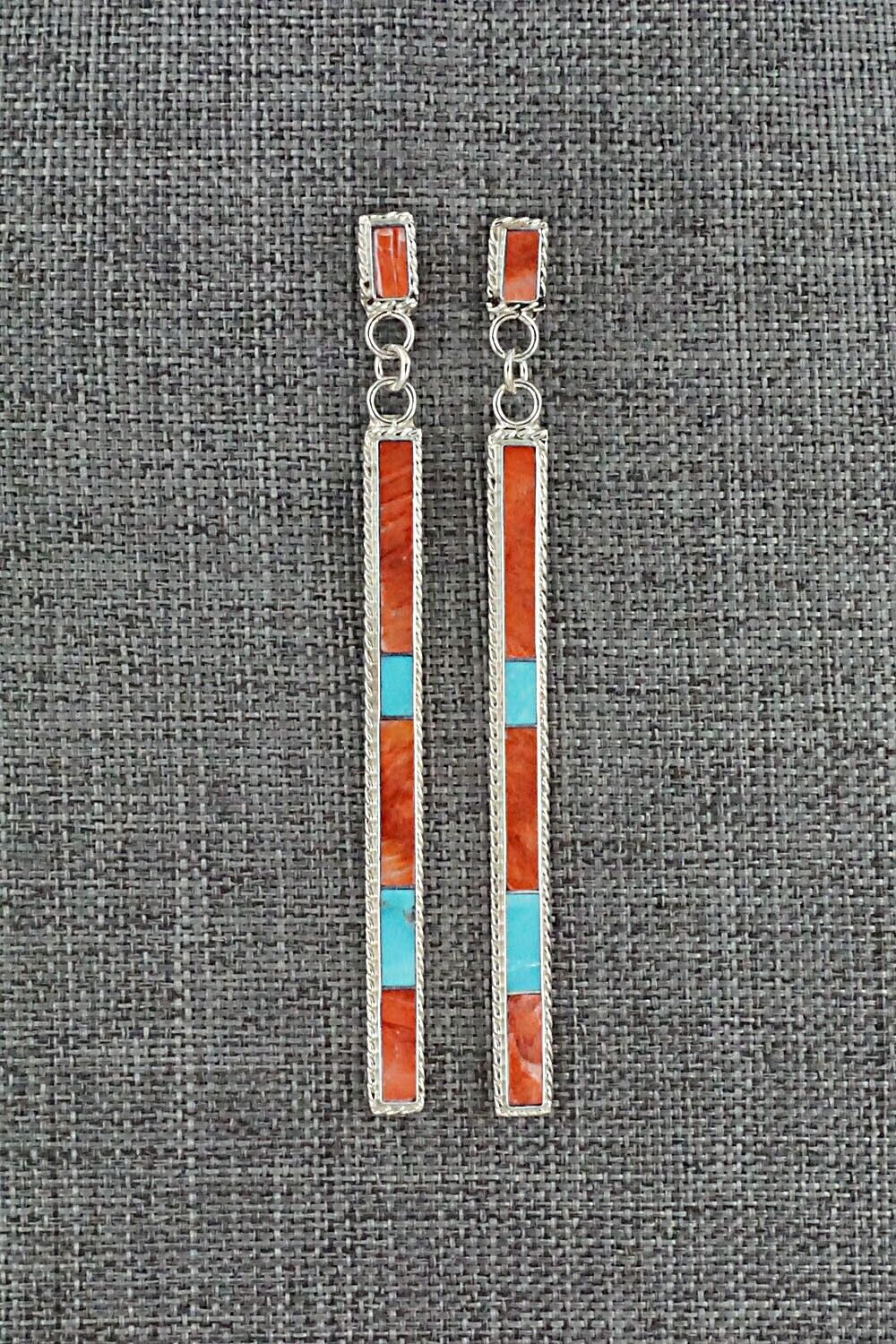 Turquoise, Spiny Oyster & Sterling Silver Inlay Earrings - Ricky Booqua