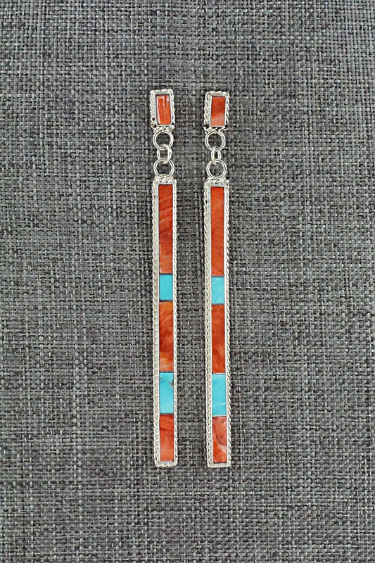 Turquoise, Spiny Oyster & Sterling Silver Inlay Earrings - Ricky Booqua