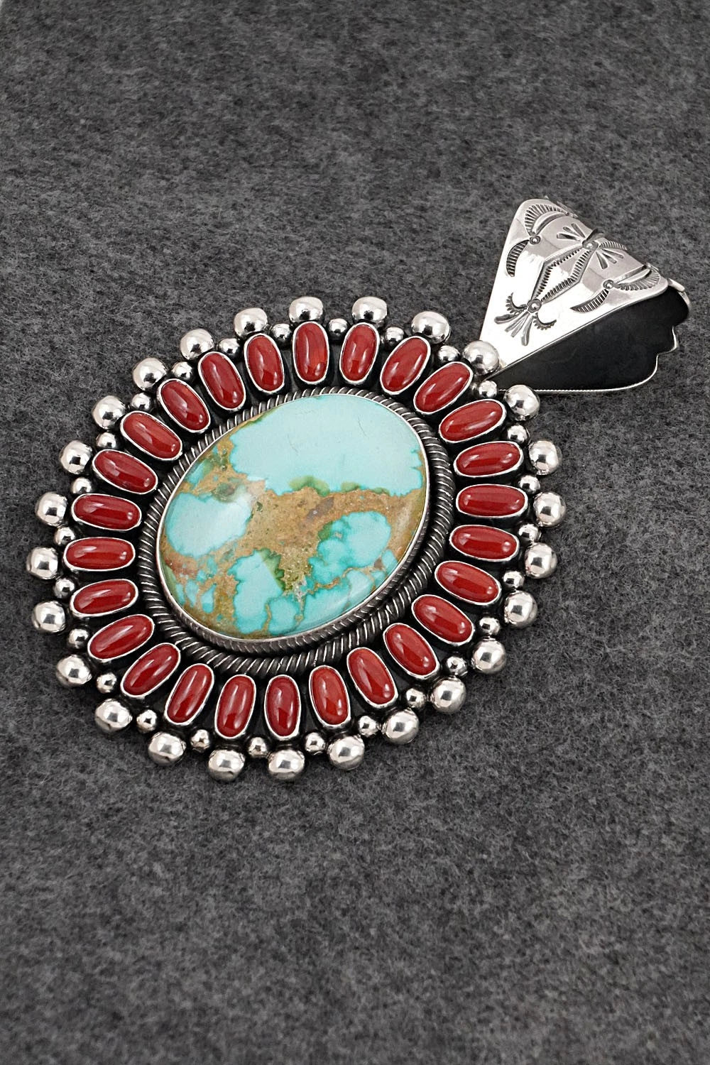 Turquoise, Coral & Sterling Silver Pendant - Ernest Begay