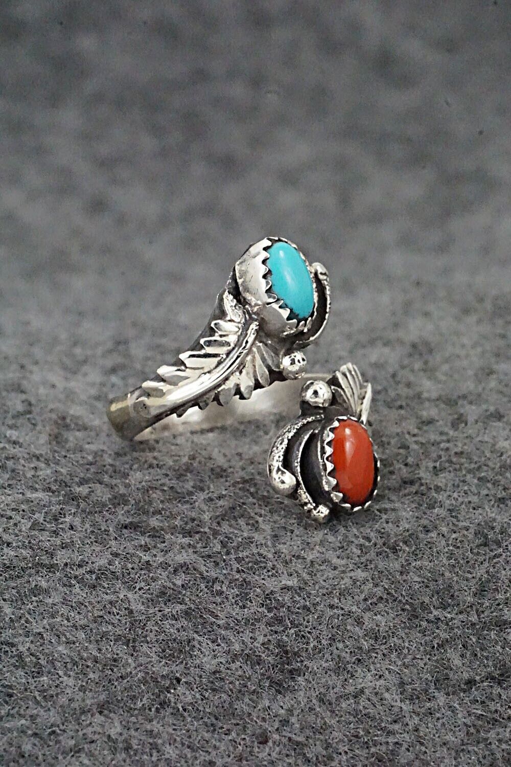 Turquoise, Coral & Sterling Silver Ring - Etta Belin - Size 7