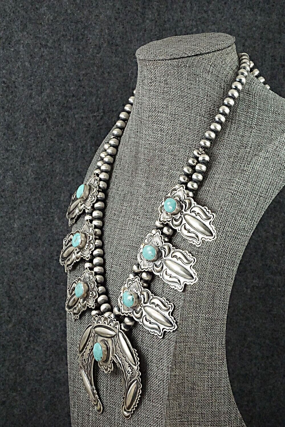 Turquoise & Sterling Silver Squash Blossom Necklace - Roland Dixson