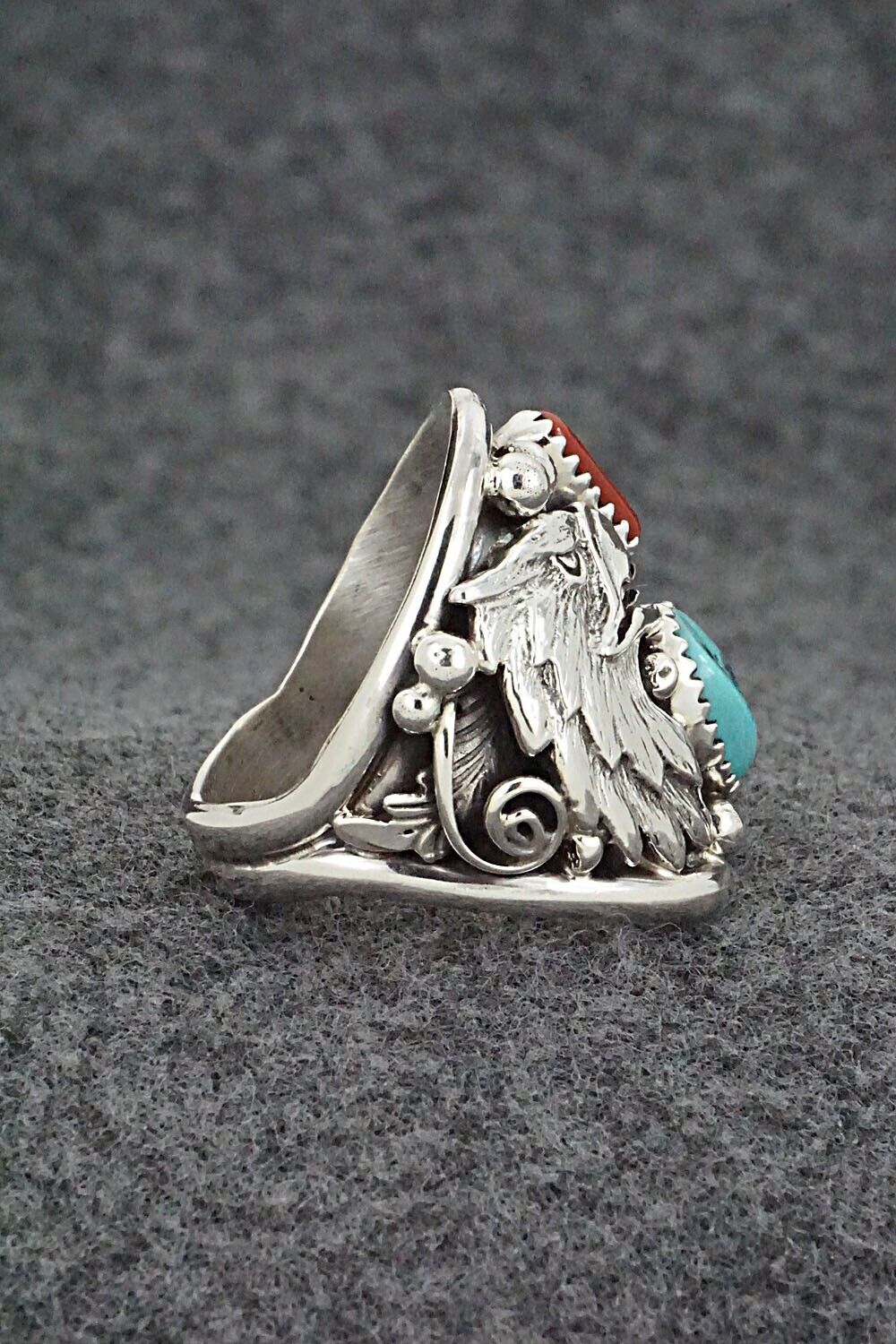 Turquoise, Coral & Sterling Silver Ring - Jeannette Saunders - Size 9.5