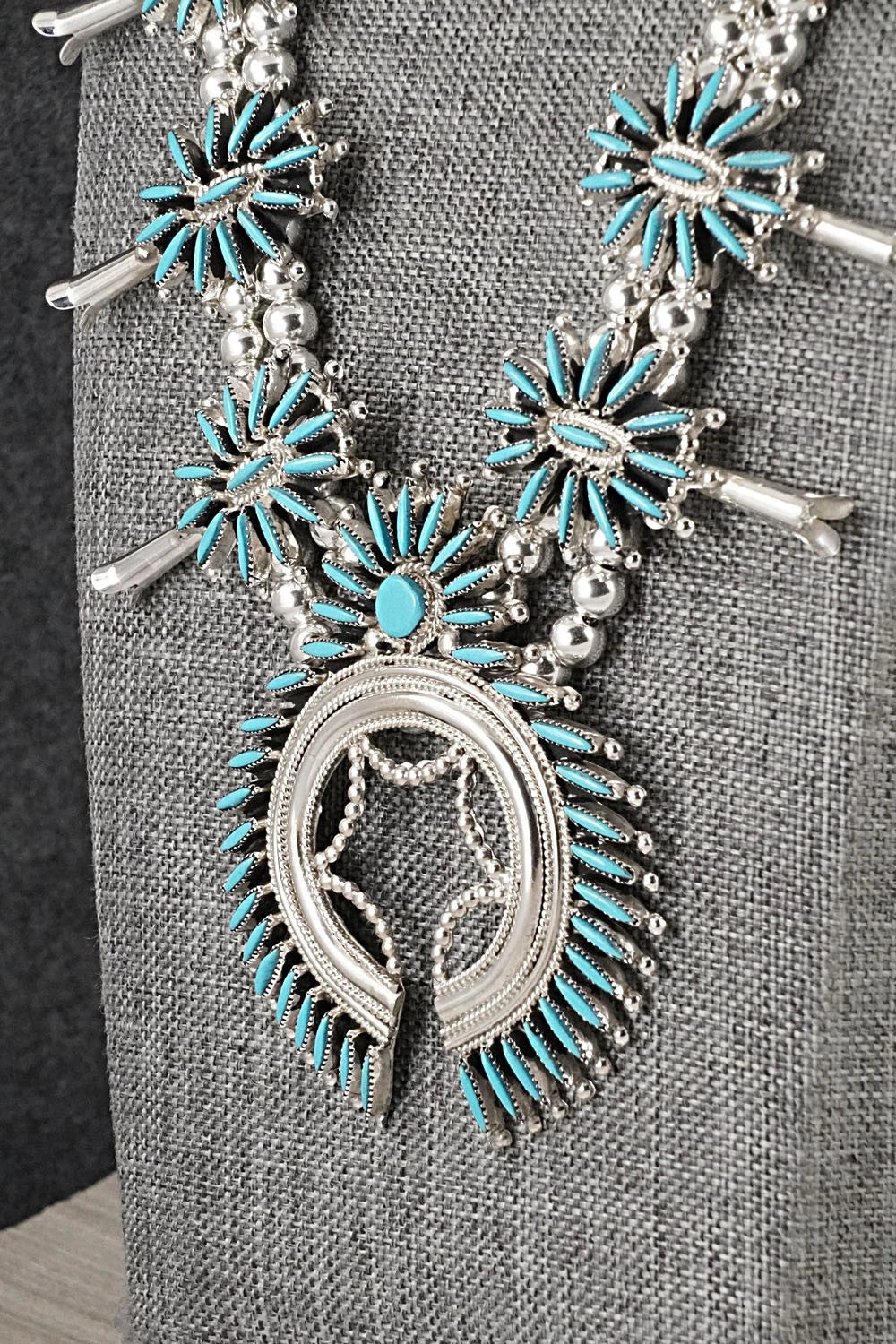 Turquoise & Sterling Silver Squash Blossom Necklace Set - Gerald Etsate