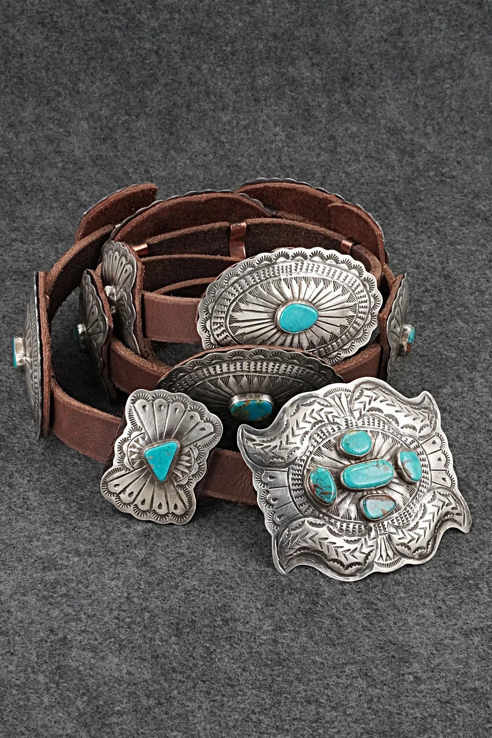 Turquoise, Sterling Silver & Leather Concho Belt - Dan Morgan