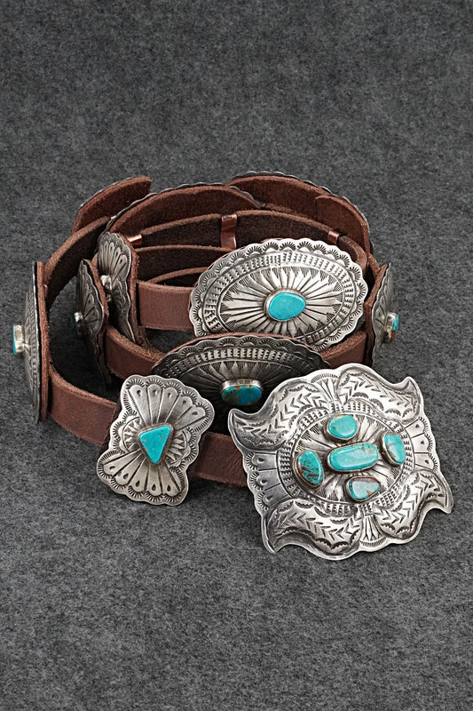 Turquoise, Sterling Silver & Leather Concho Belt - Dan Morgan