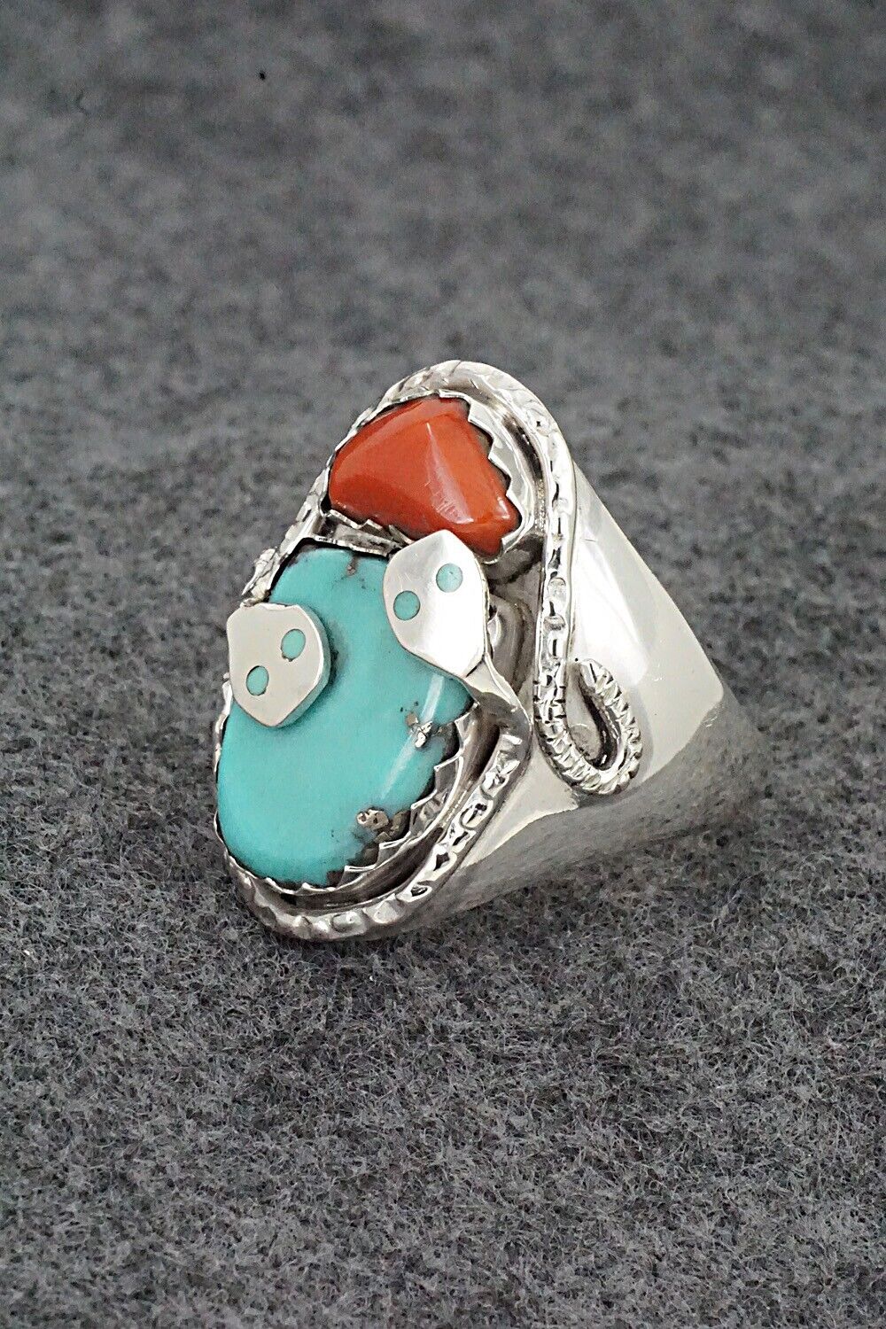 Turquoise, Coral & Sterling Silver Ring - Joy Calavaza - Size 13