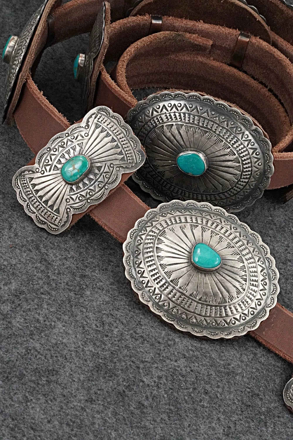Turquoise, Sterling Silver & Leather Concho Belt - Dan Morgan