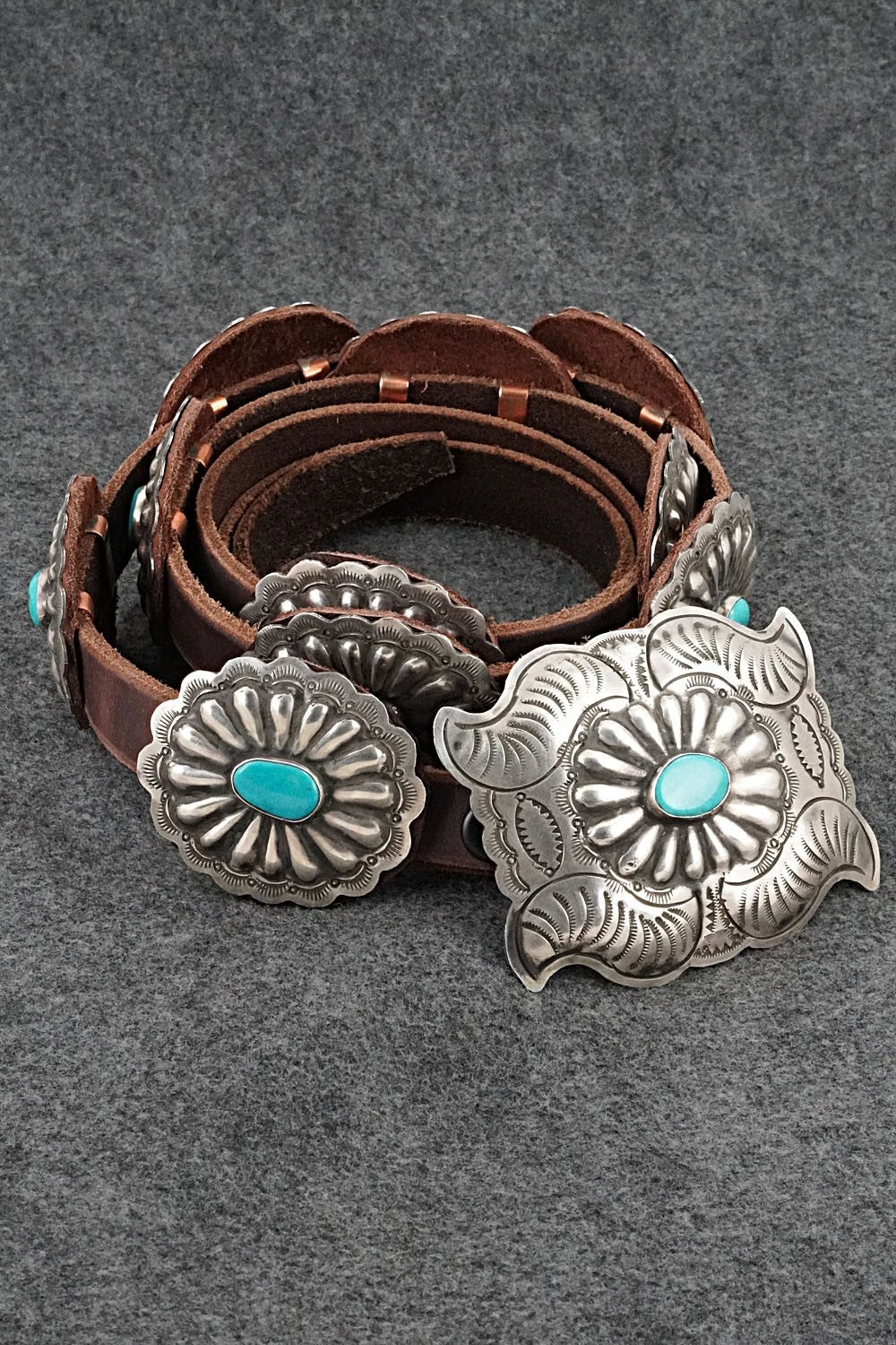 Turquoise, Sterling Silver & Leather Concho Belt - Marilyn Ramone