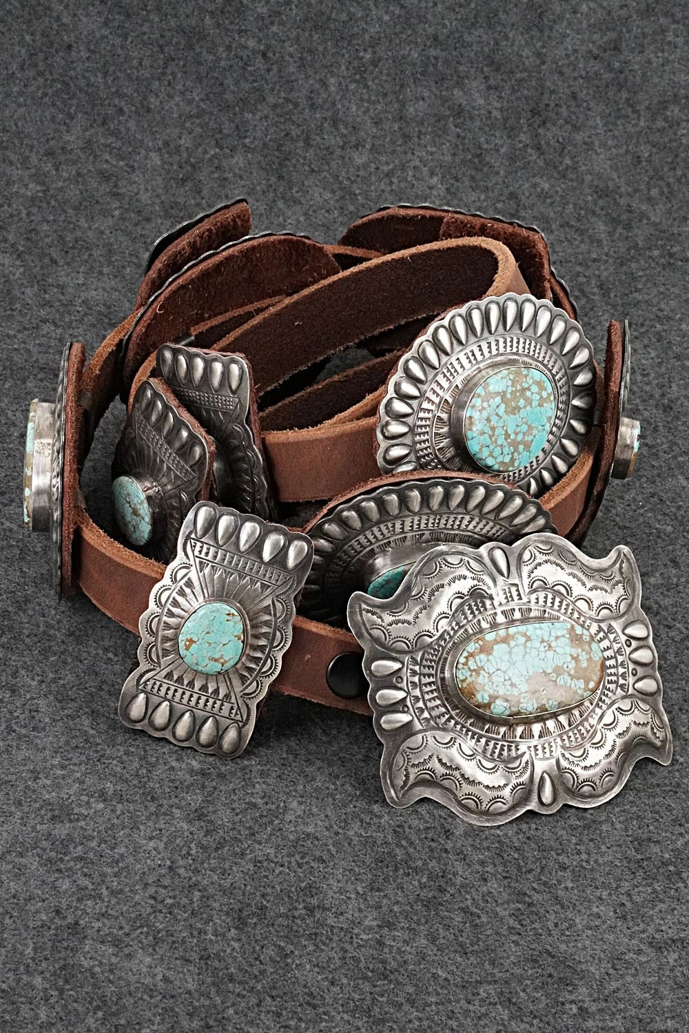 Turquoise, Sterling Silver & Leather Concho Belt - Dan Morgan