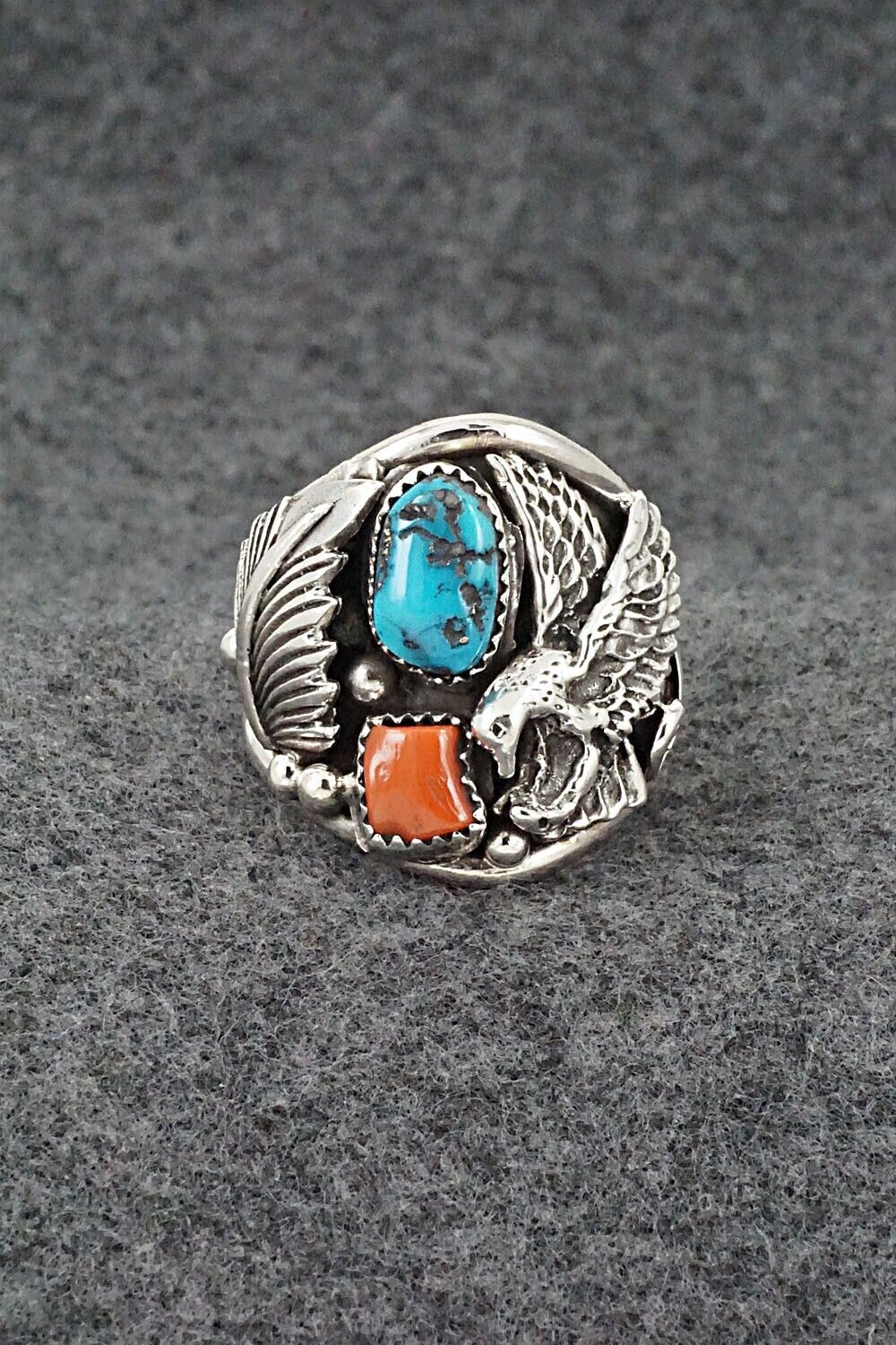 Turquoise, Coral & Sterling Silver Ring - Jeannette Saunders - Size 13