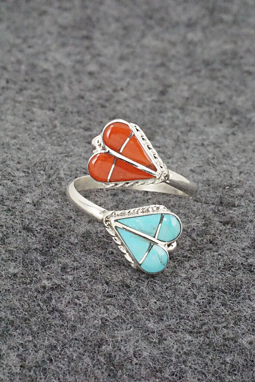 Turquoise, Coral & Sterling Silver Ring - Velda Nastacio - Size 8 Adj.
