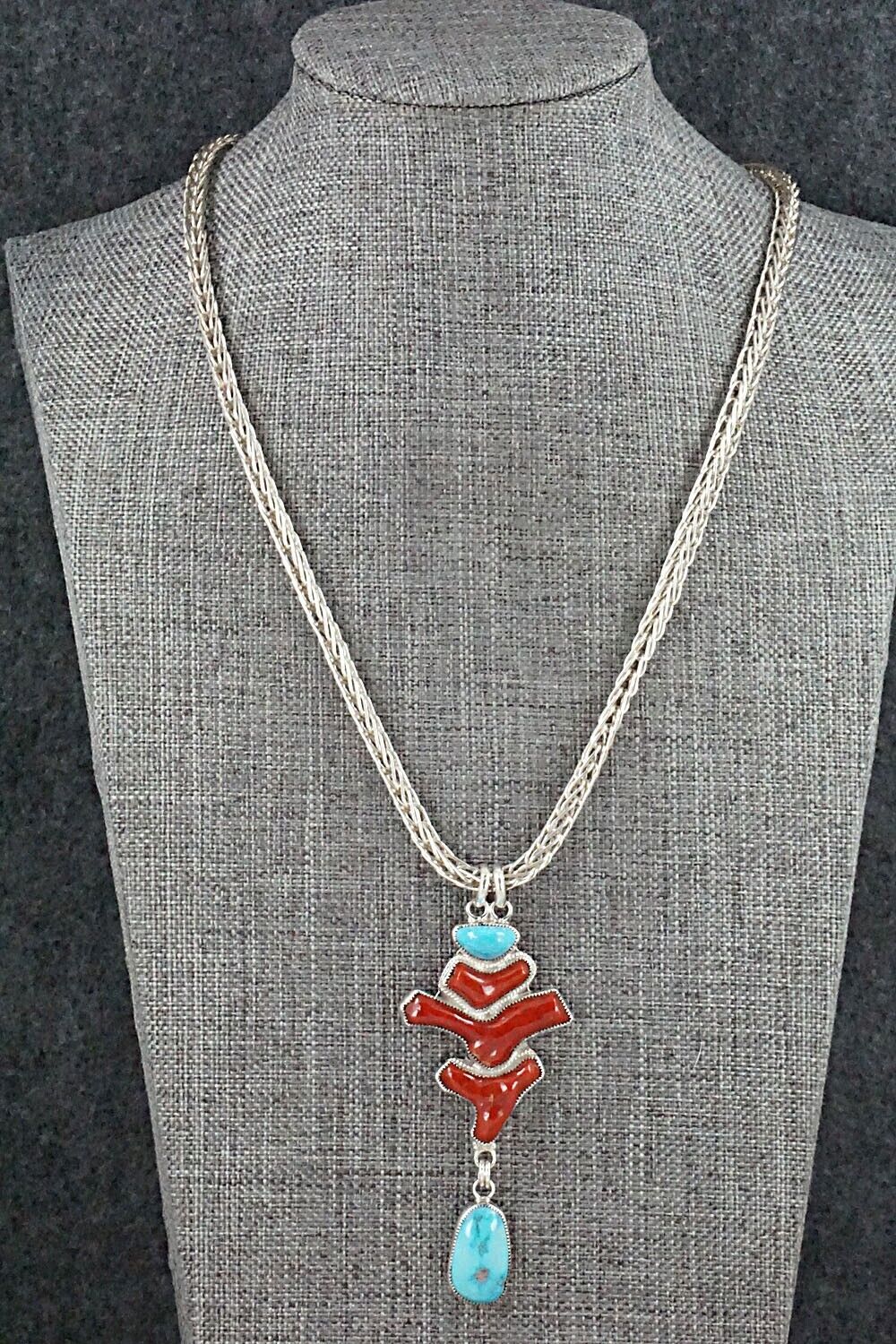 Turquoise, Coral & Sterling Silver Necklace - Smokey Gchachu