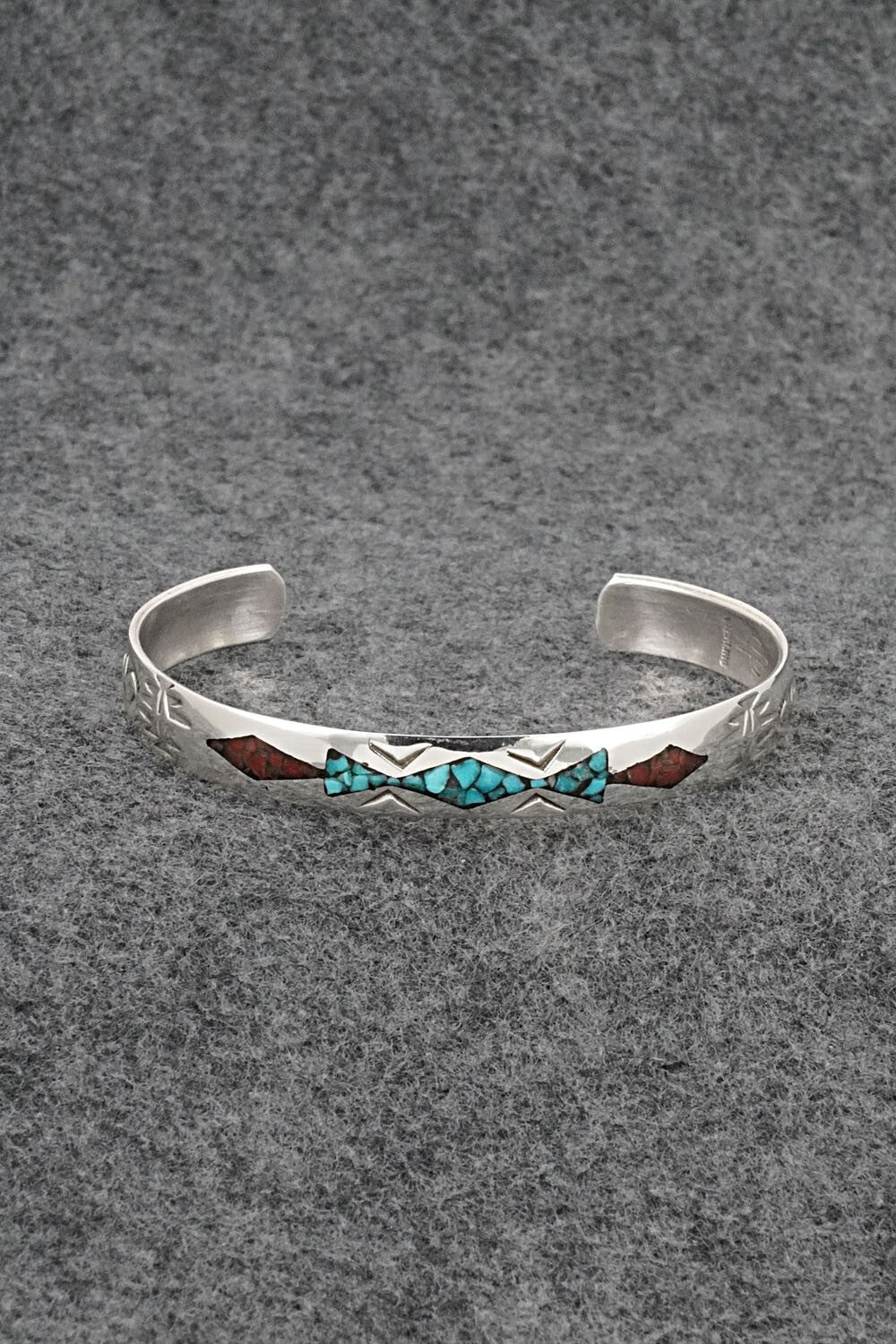 Turquoise, Coral Chip Inlay & Sterling Silver Bracelet - Joleen Yazzie