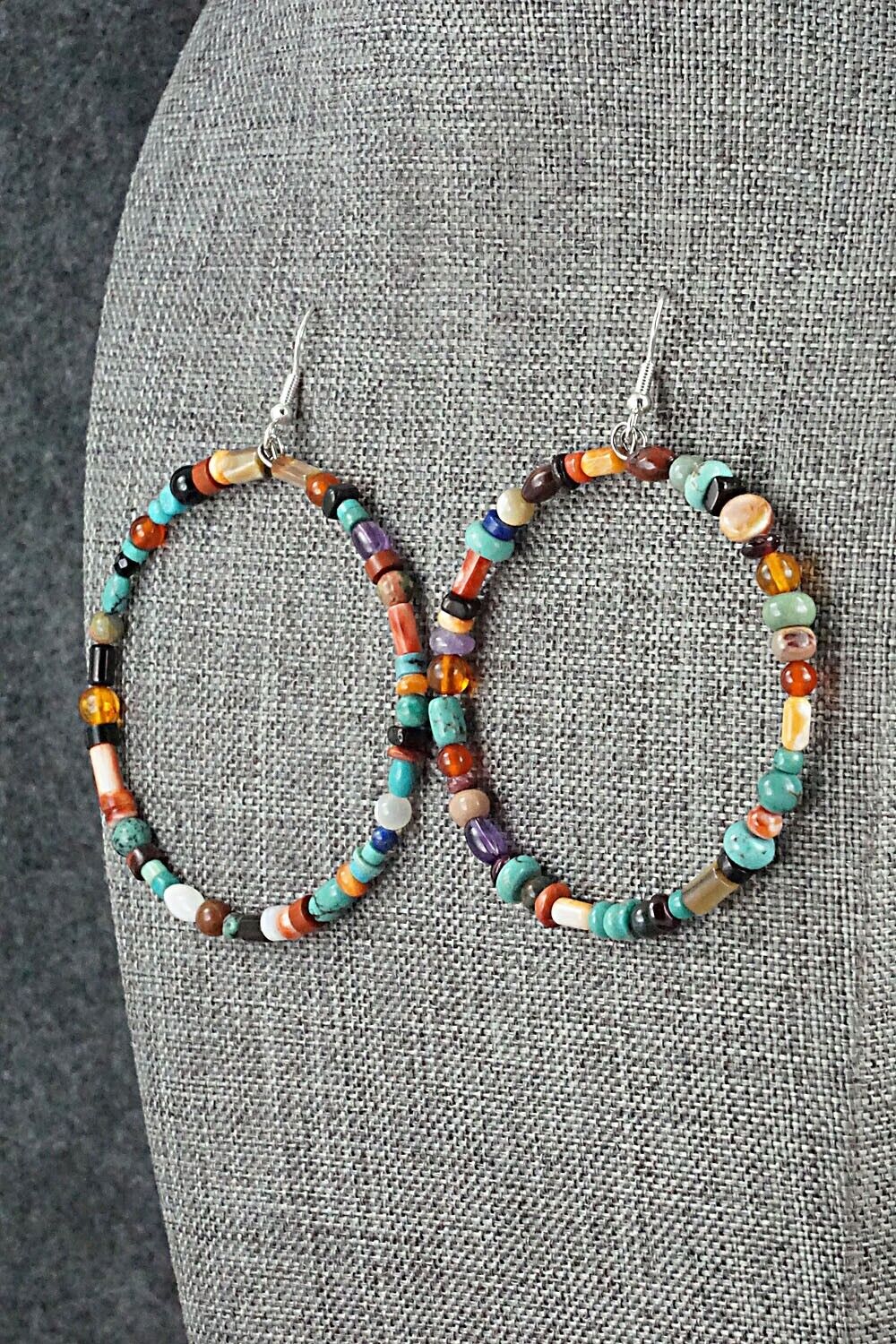 Multi Stone & Sterling Silver Hoop Earrings - Helen Tsosie