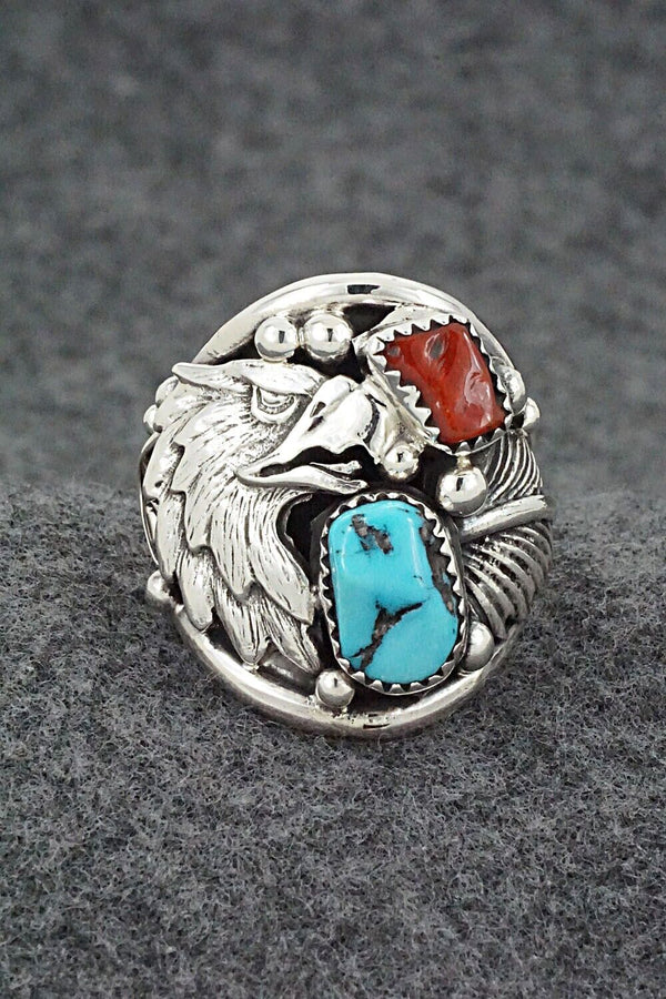 Turquoise, Coral & Sterling Silver Ring - Jeannette Saunders - Size 10