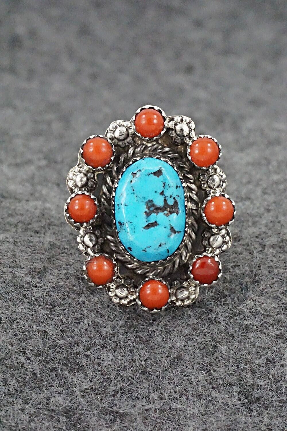 Turquoise, Coral & Sterling Silver Ring - Rene Yazzie - Size 7.5