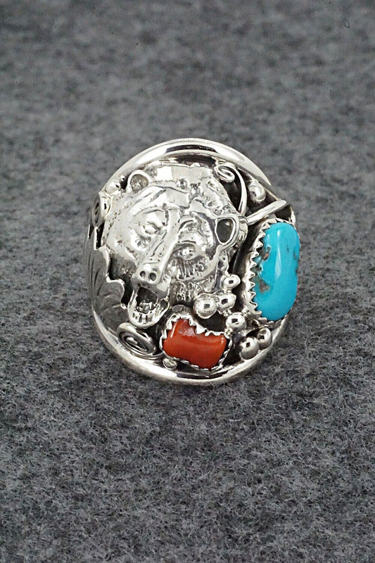 Turquoise, Coral & Sterling Silver Ring - Jeannette Saunders - Size 10.75
