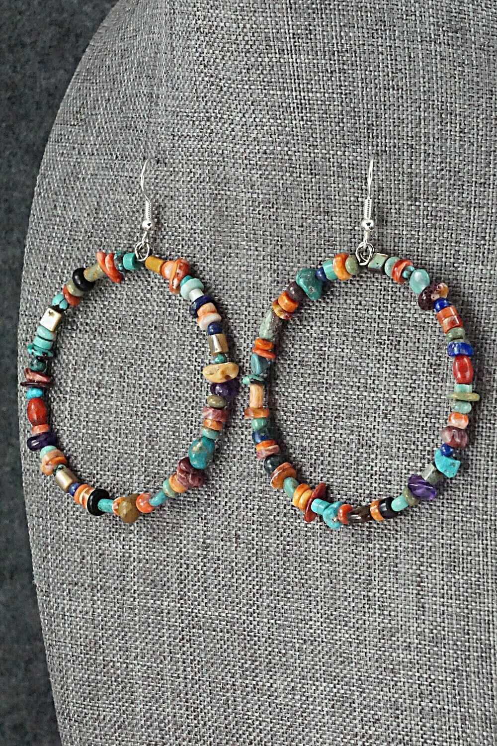 Multi Stone & Sterling Silver Hoop Earrings - Helen Tsosie