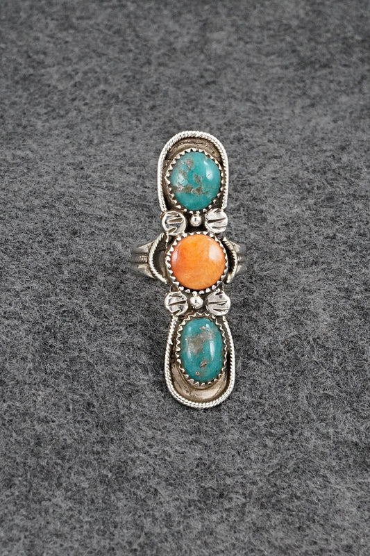 Turquoise, Spiny Oyster & Sterling Silver Ring - Priscilla Reeder - Size 8.5