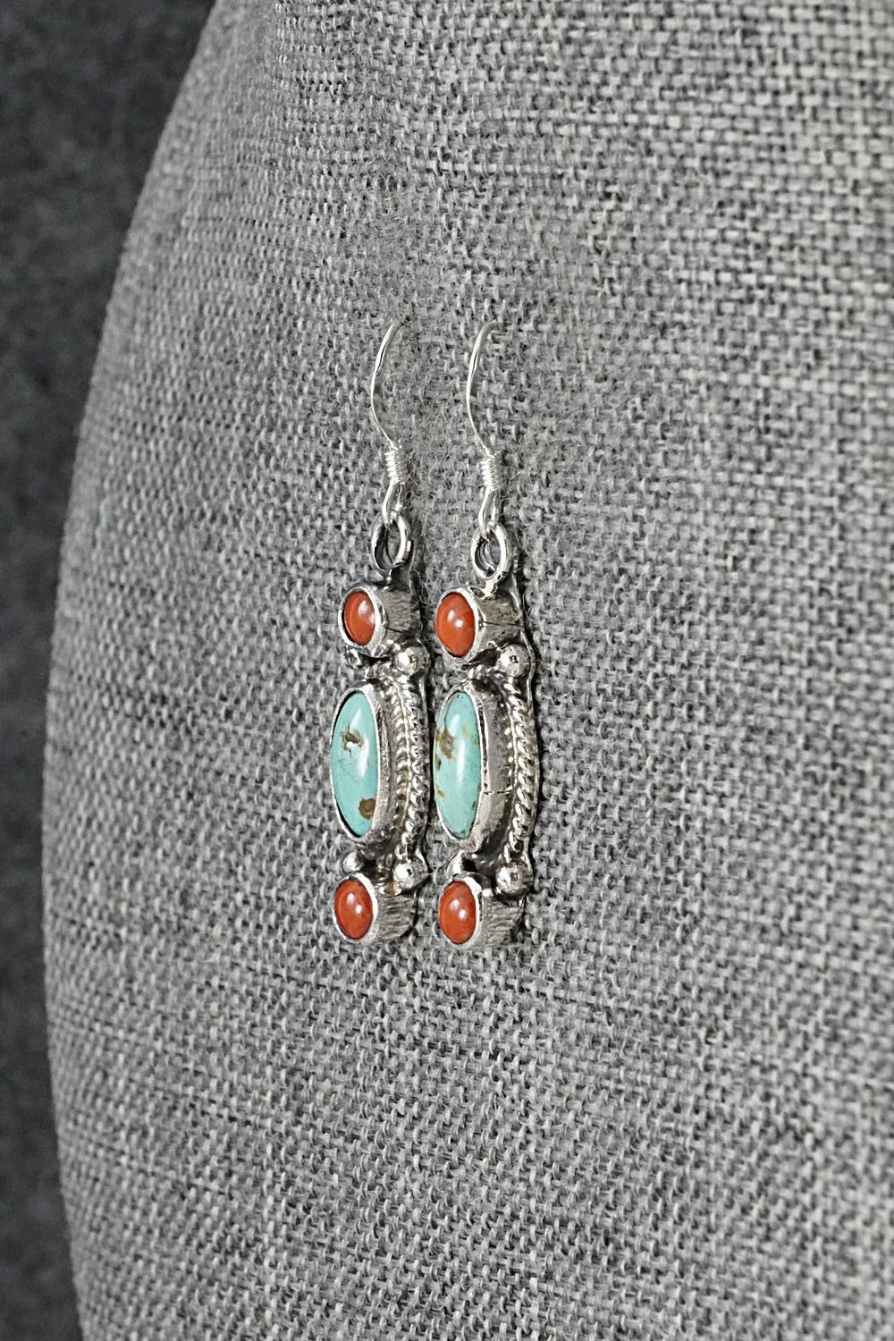 Turquoise, Coral & Sterling Silver Earrings - Verley Betone