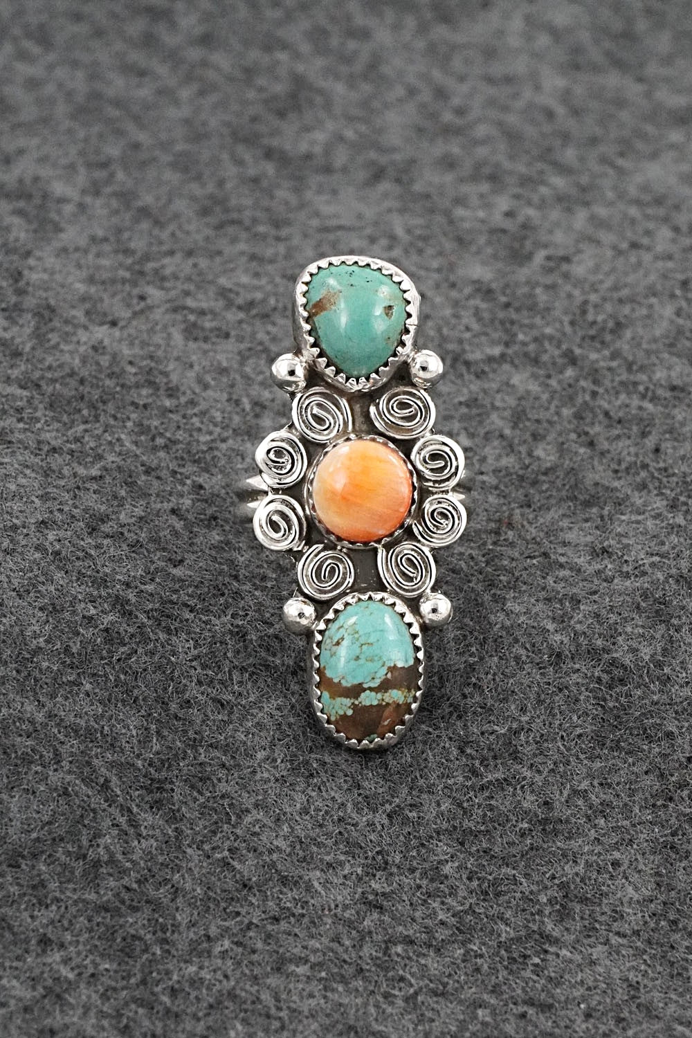 Turquoise, Spiny Oyster & Sterling Silver Ring - Priscilla Reeder - Size 8.5