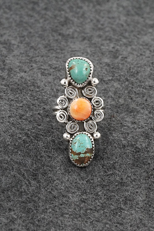 Turquoise, Spiny Oyster & Sterling Silver Ring - Priscilla Reeder - Size 8.5