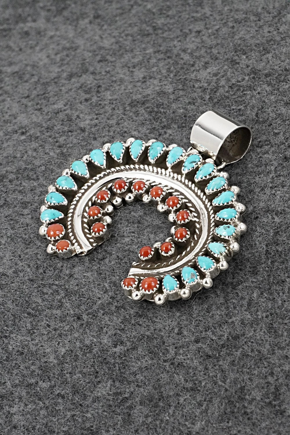 Turquoise, Coral & Sterling Silver Pendant - Leroy Kee
