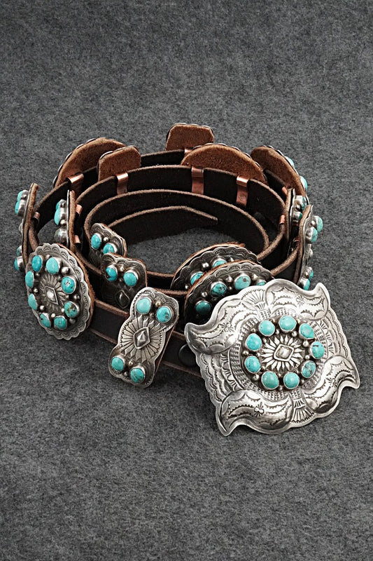 Turquoise, Sterling Silver & Leather Concho Belt - Dan Morgan