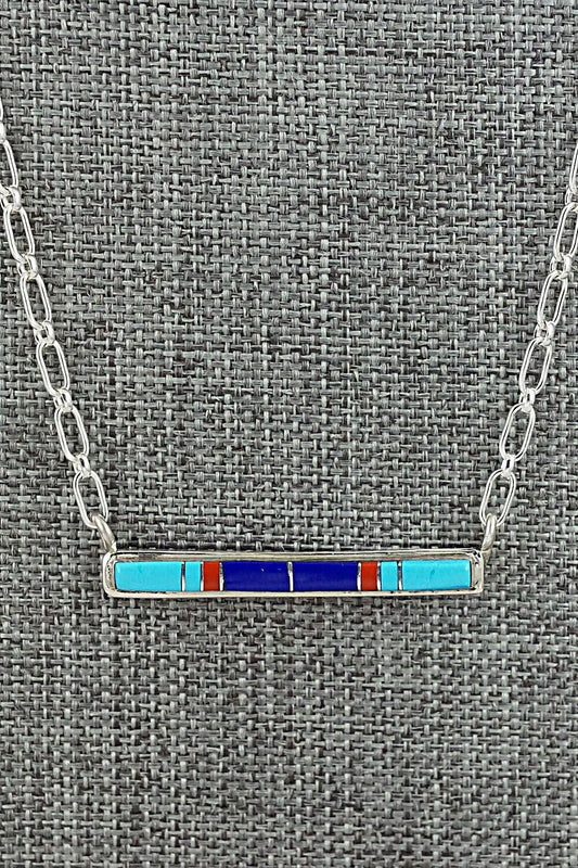 Turquoise, Coral, Lapis & Sterling Silver Inlay Necklace - Roland Natachu