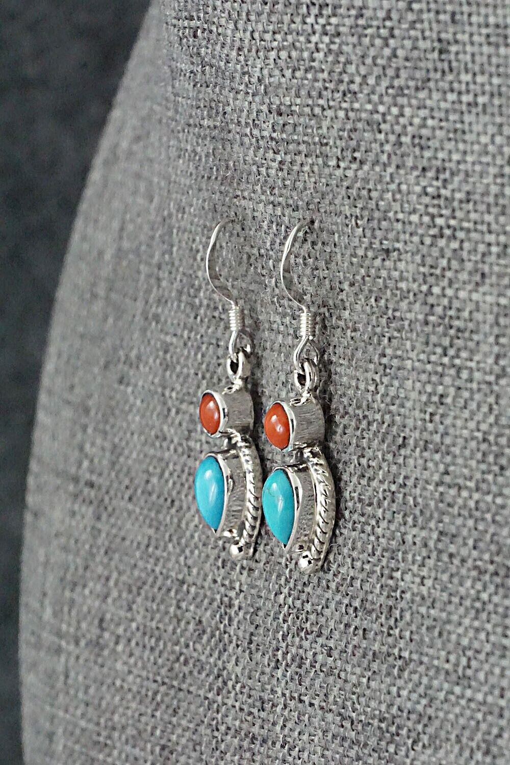 Turquoise, Coral & Sterling Silver Earrings - Verley Betone