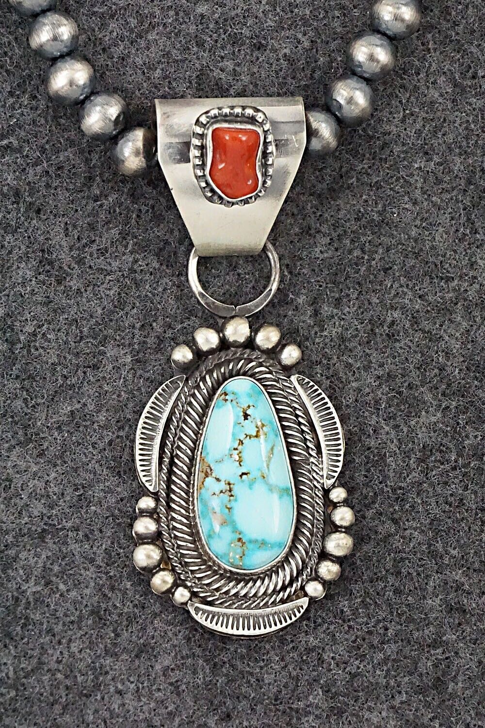 Turquoise, Coral & Sterling Silver Necklace - Tom Lewis