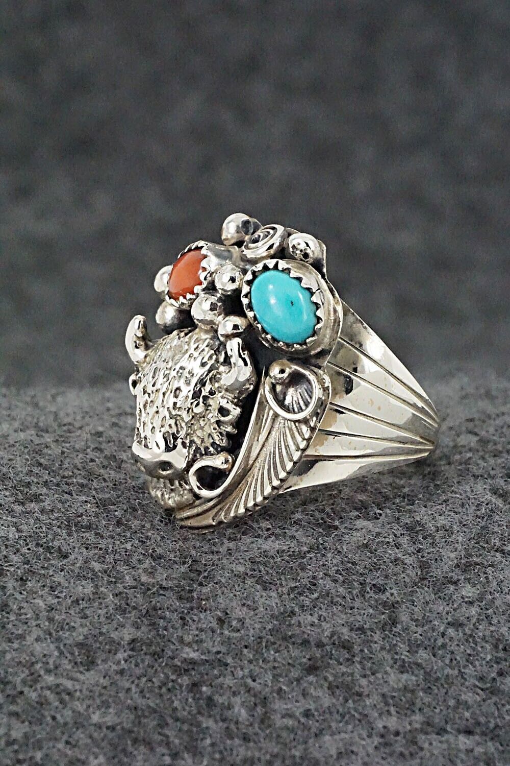 Turquoise, Coral & Sterling Silver Ring - Jeannette Saunders - Size 9.75