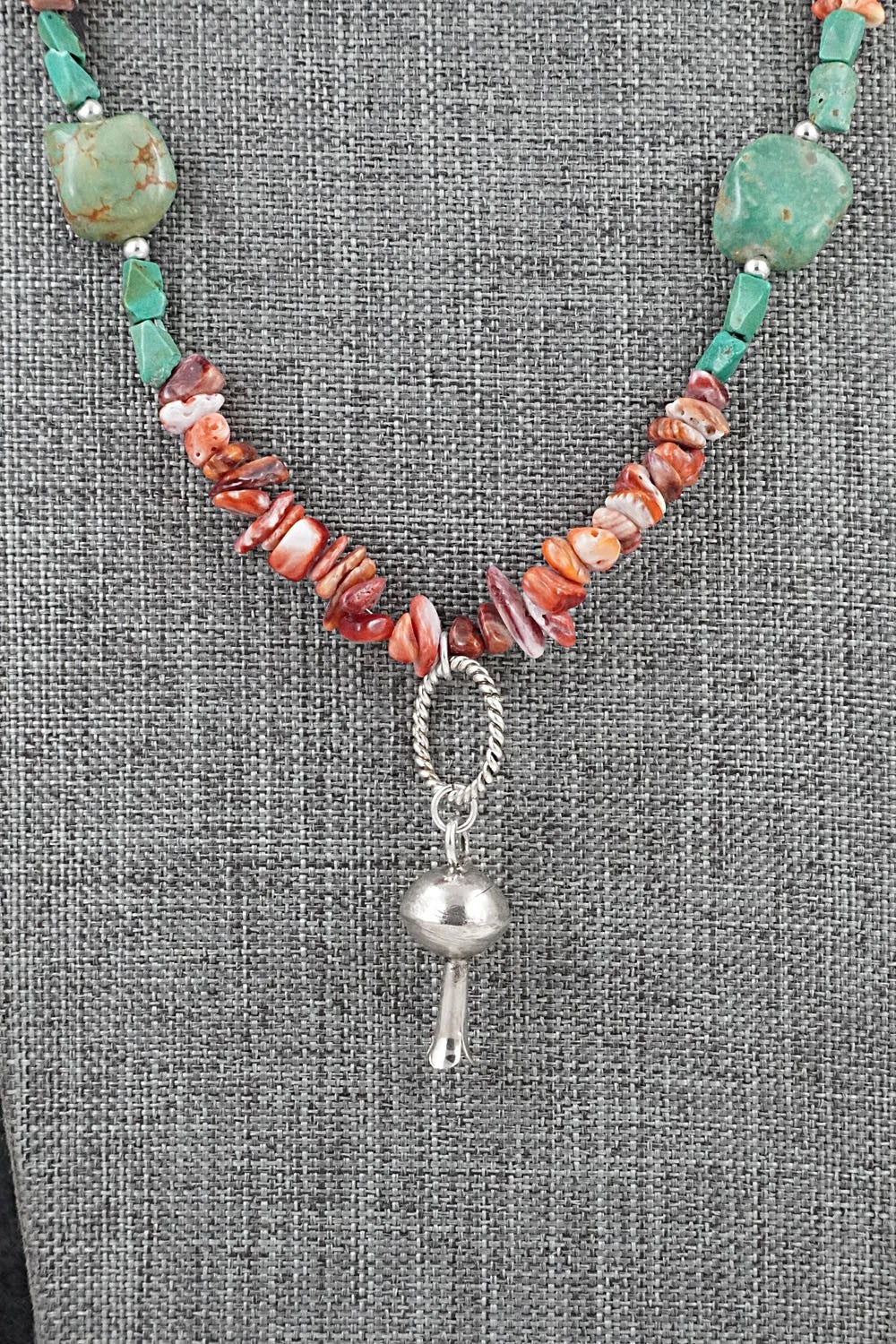 Spiny Oyster, Turquoise & Sterling Silver Necklace 26" - Erika Brown