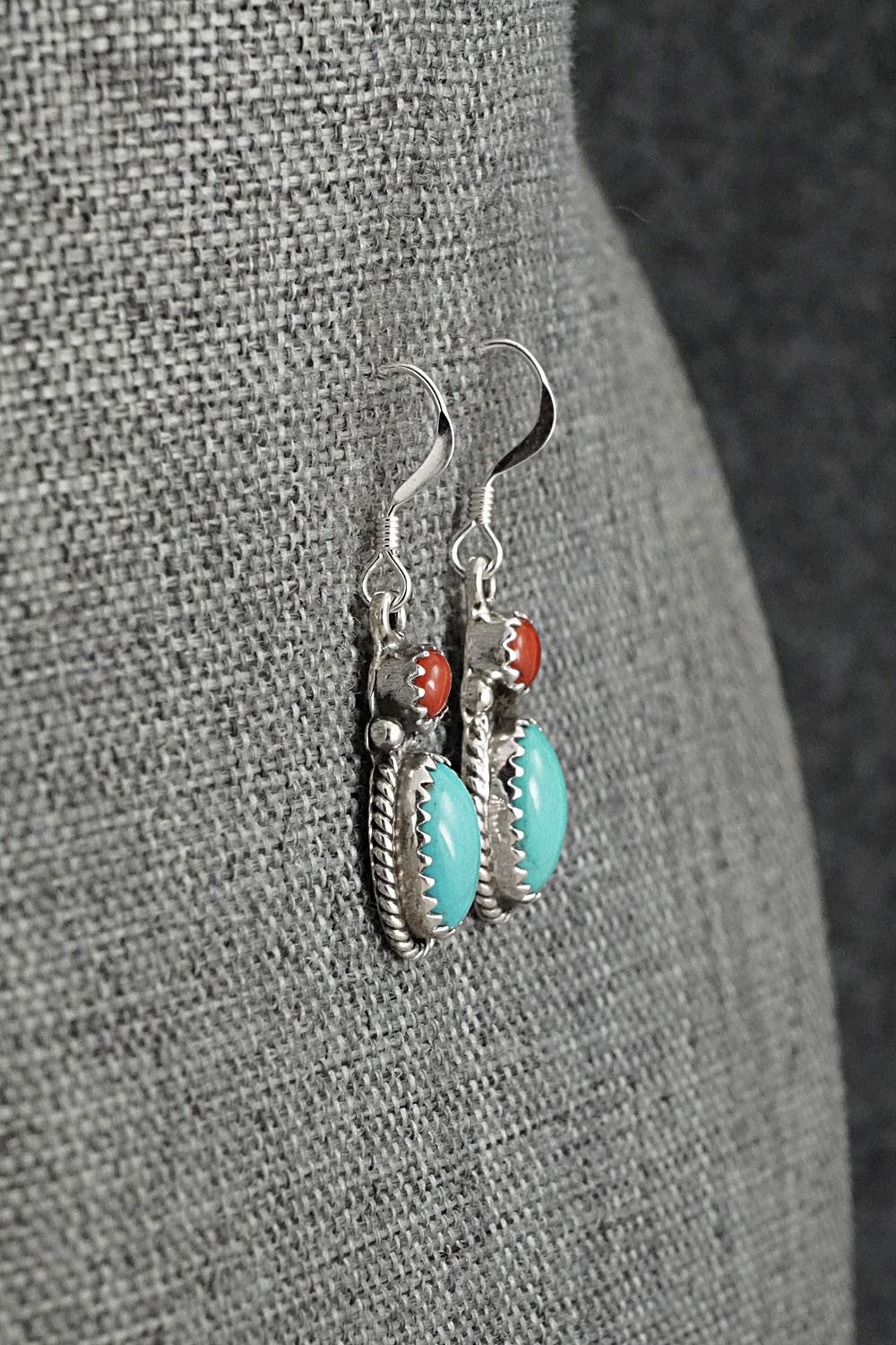 Turquoise, Coral & Sterling Silver Earrings - Verley Betone
