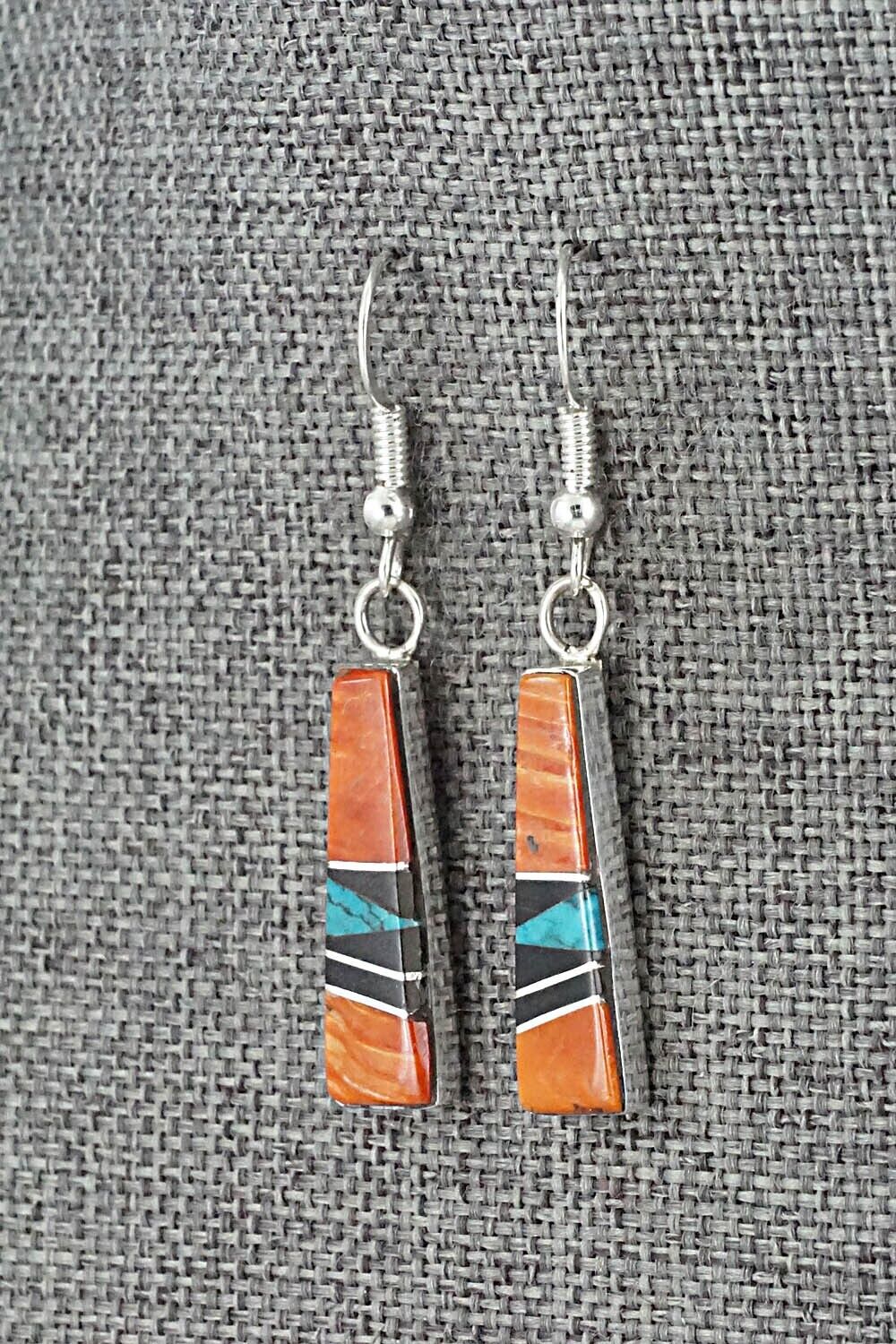 Spiny Oyster, Turquoise, Onyx & Sterling Silver Inlay Earrings - Priscella Smith