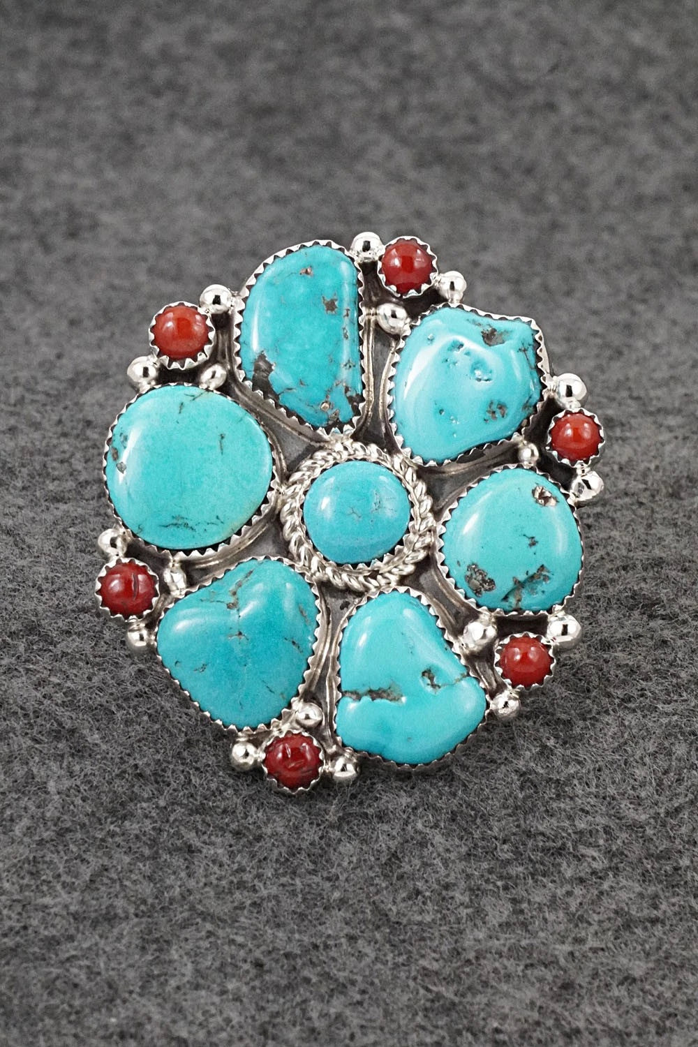 Turquoise, Coral & Sterling Silver Ring - Anthony Brown - Size 10