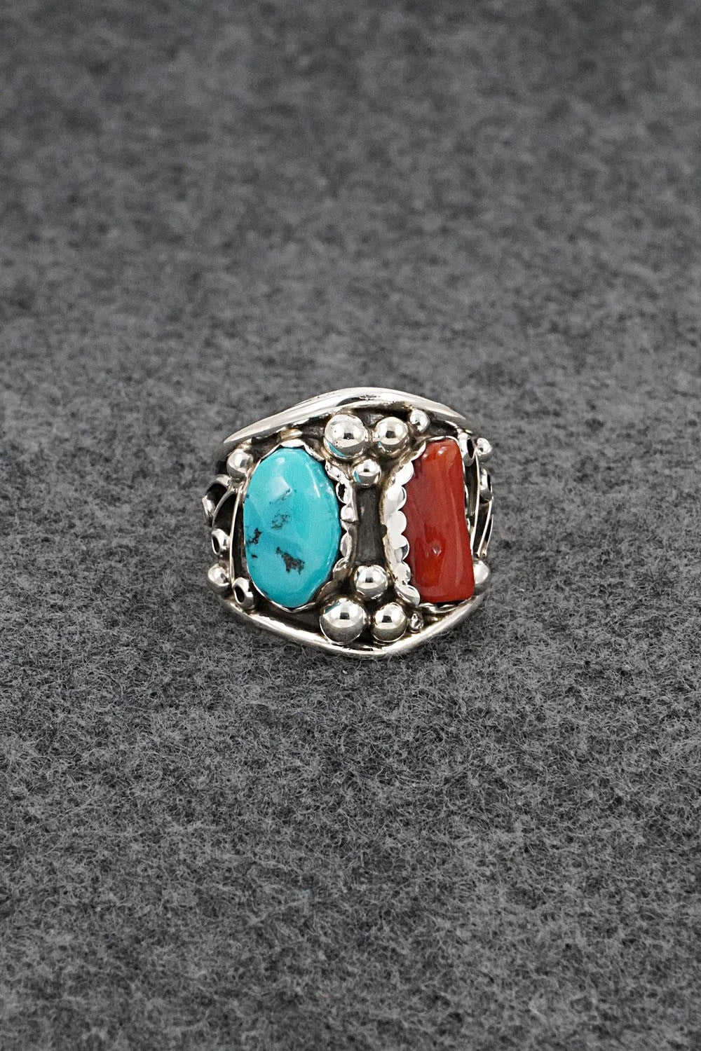 Turquoise, Coral & Sterling Silver Ring - Darrell Morgan - Size 10.5