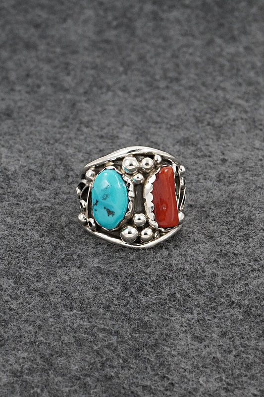 Turquoise, Coral & Sterling Silver Ring - Darrell Morgan - Size 10.5