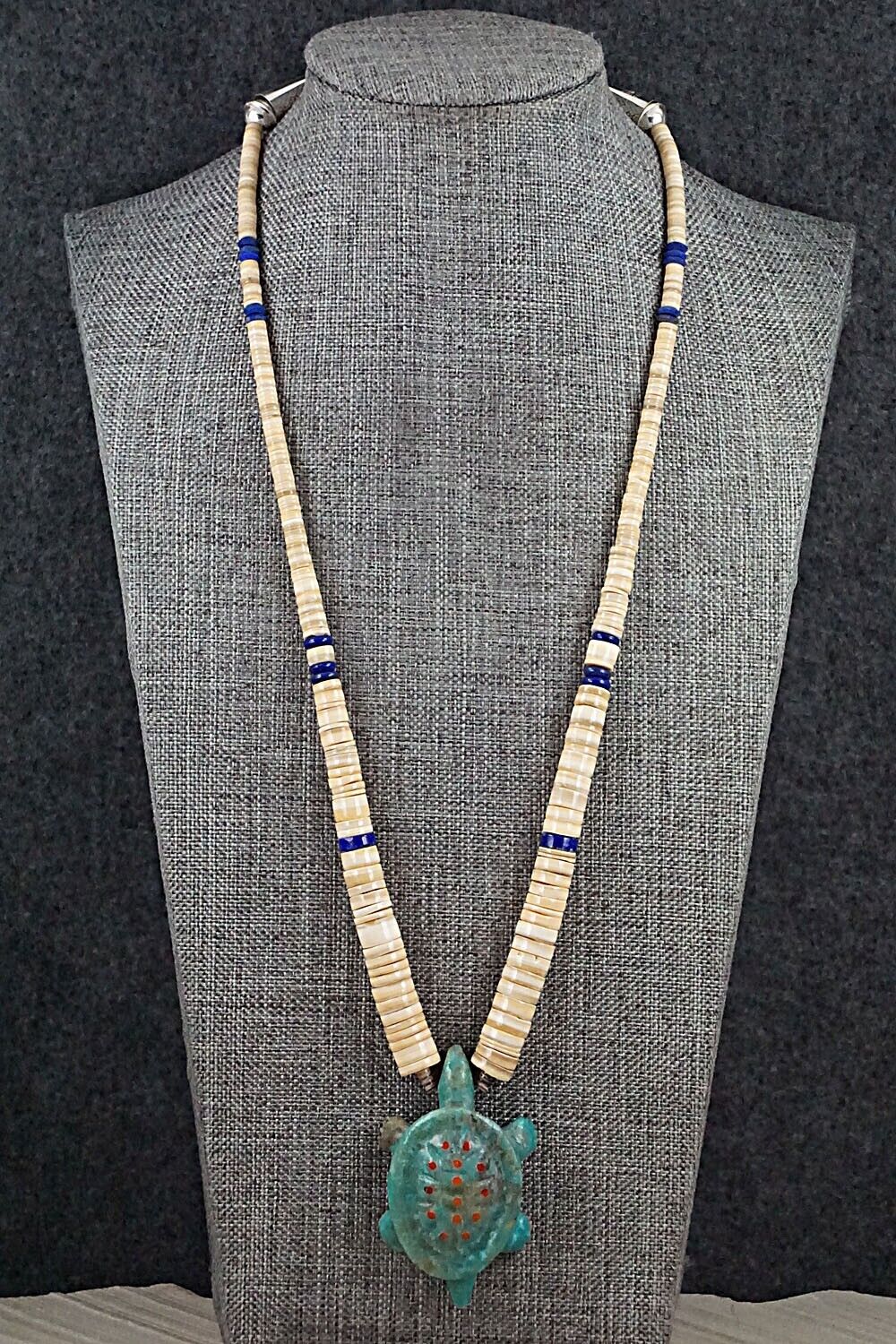 Multi Stone Turtle Zuni Fetish Carving Beaded Necklace - Andres Quandelacy
