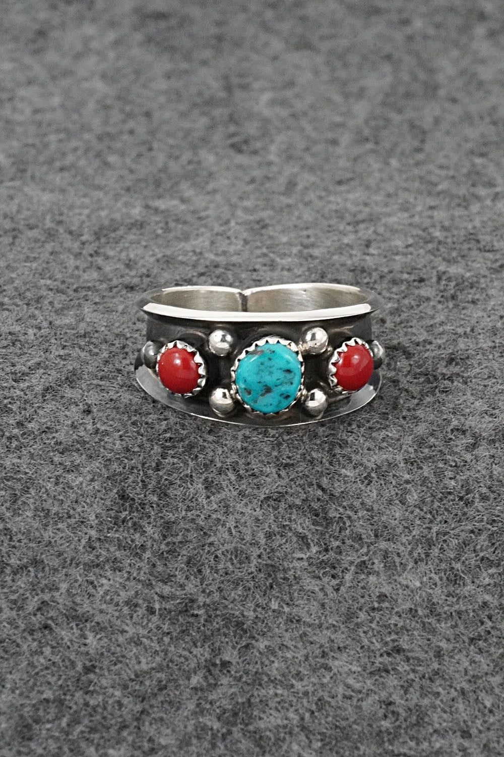 Turquoise, Coral & Sterling Silver Ring - Paul Largo - Size 12