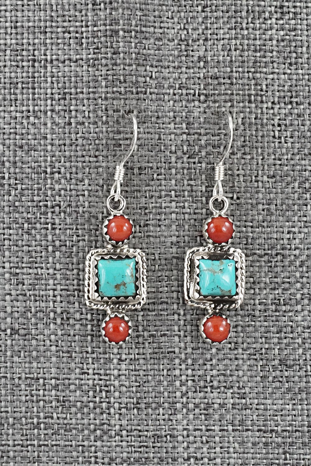 Turquoise, Coral & Sterling Silver Earrings - Gary Shorty